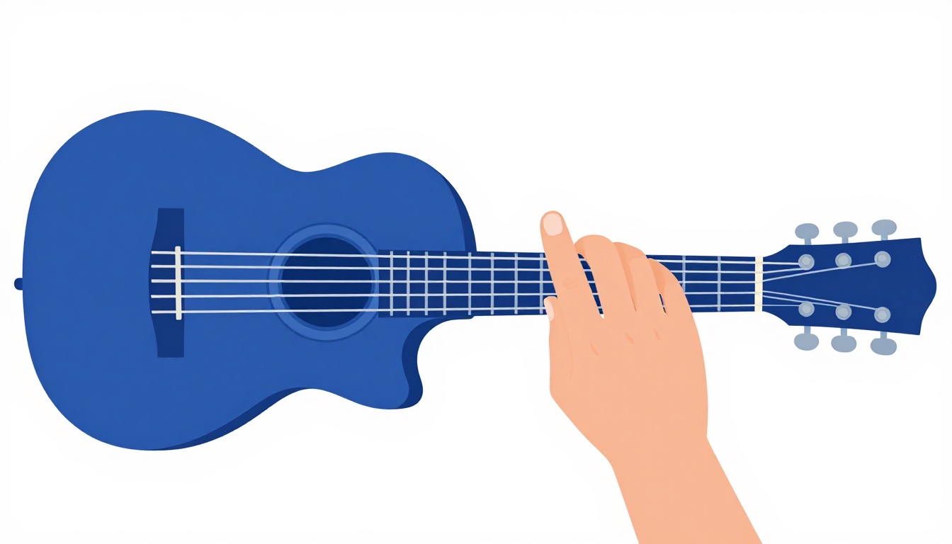 A close up of a left hand laying the index finger flat across four strings at the second fret of an acoustic guitar neck