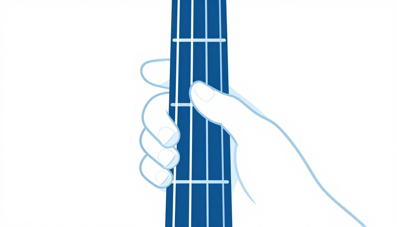 A close-up of a left hand fretting notes near the open strings and second fret on an acoustic guitar neck