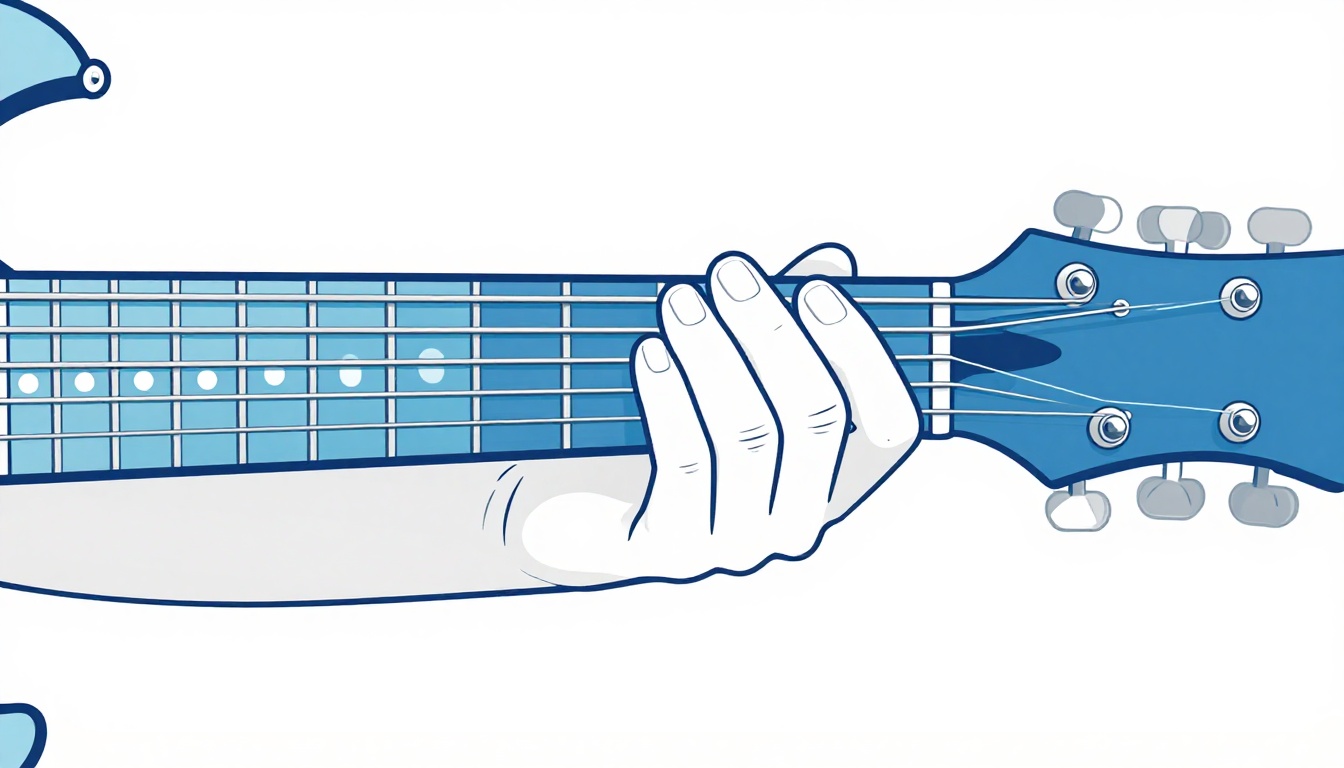 A close-up of a left hand stretching fingers across four frets high on an electric guitar neck