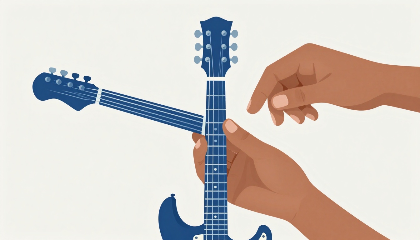 A close-up of a hand stretching a finger to fret a single note high on an electric guitar neck under dramatic lighting