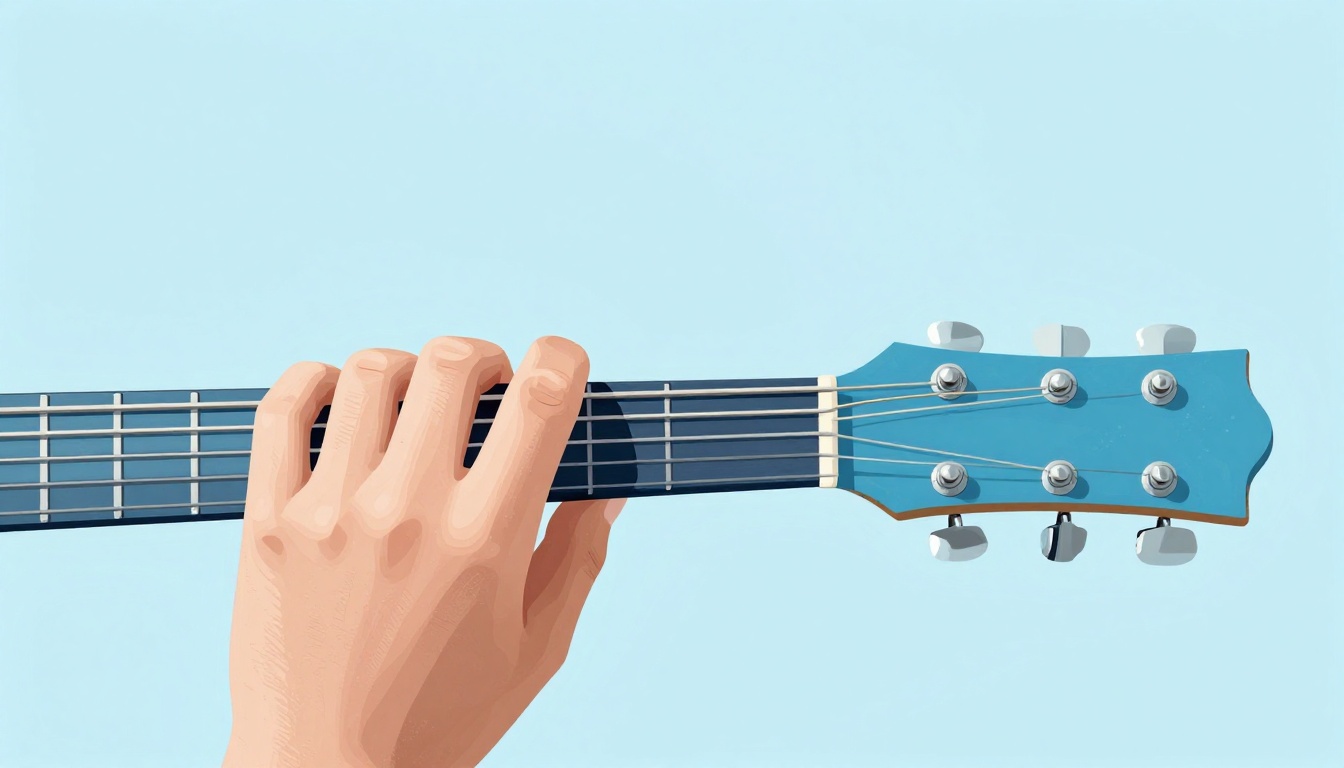 A close-up of a left hand barring across a guitar neck, fingers pressing the lower strings just past the barre