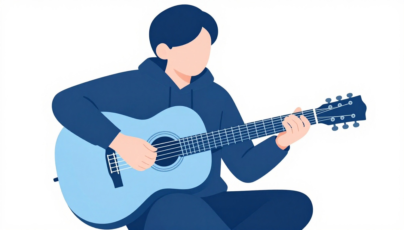 A person practicing an acoustic guitar alone in a softly lit room