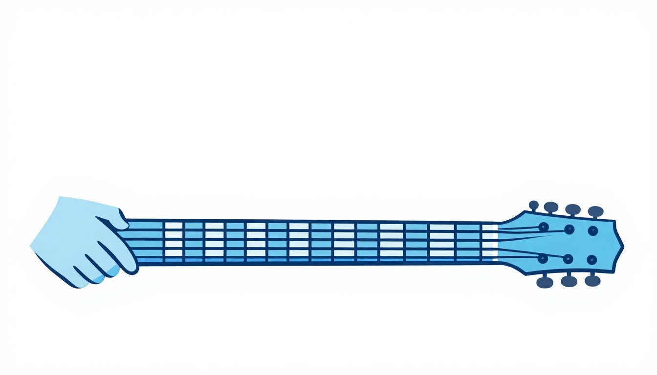 A close-up of a left hand fretting a minor scale pattern near the seventh fret of an electric guitar neck