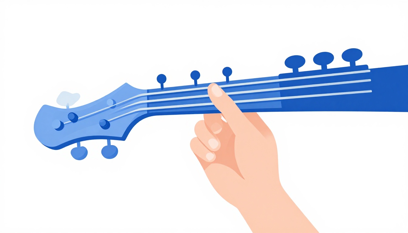 A finger pressing a string against a fret with the frets and fretboard inlays visible