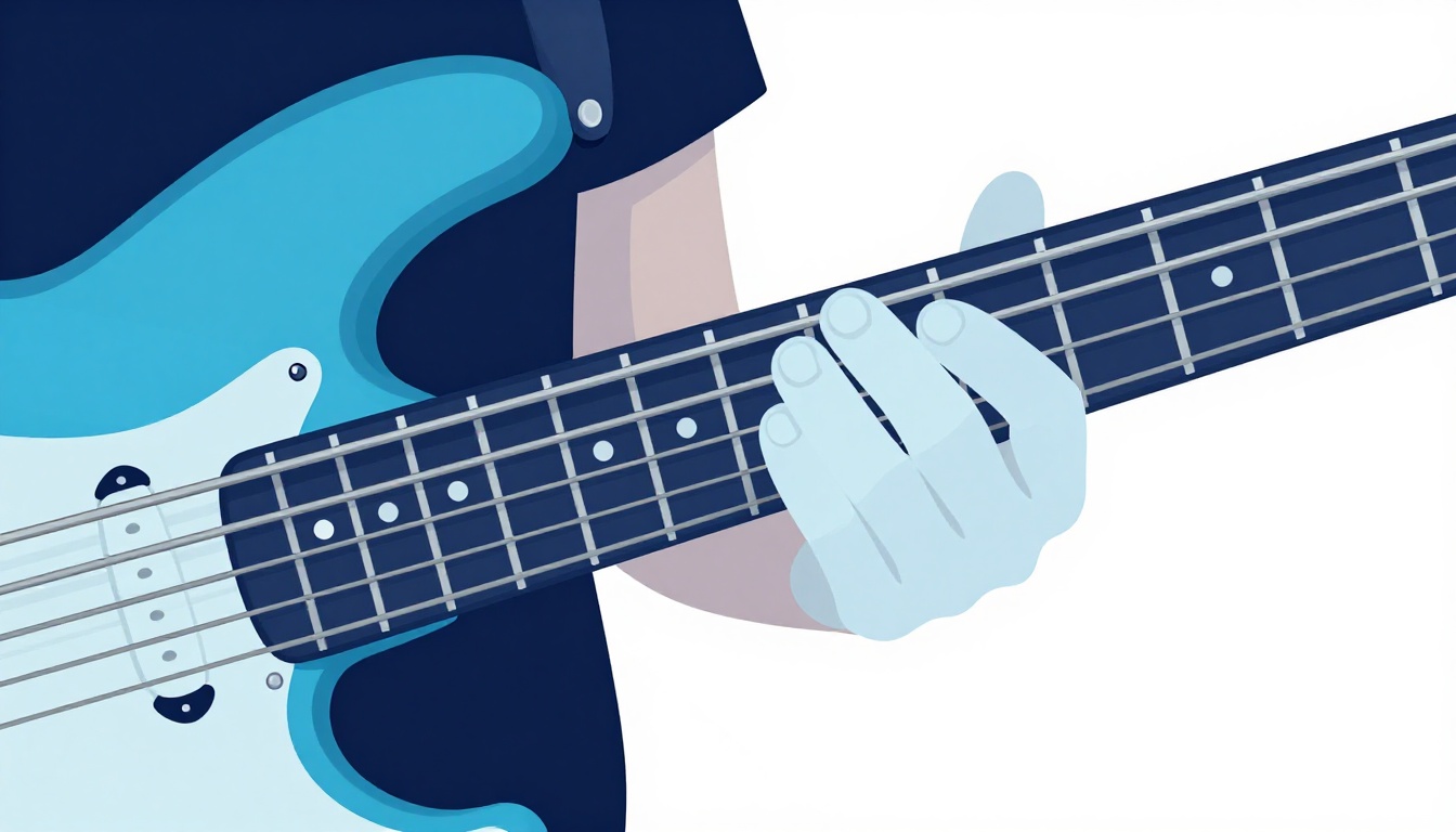 A close up of a fretting hand performing a hammer-on on the neck of a four-string electric bass guitar