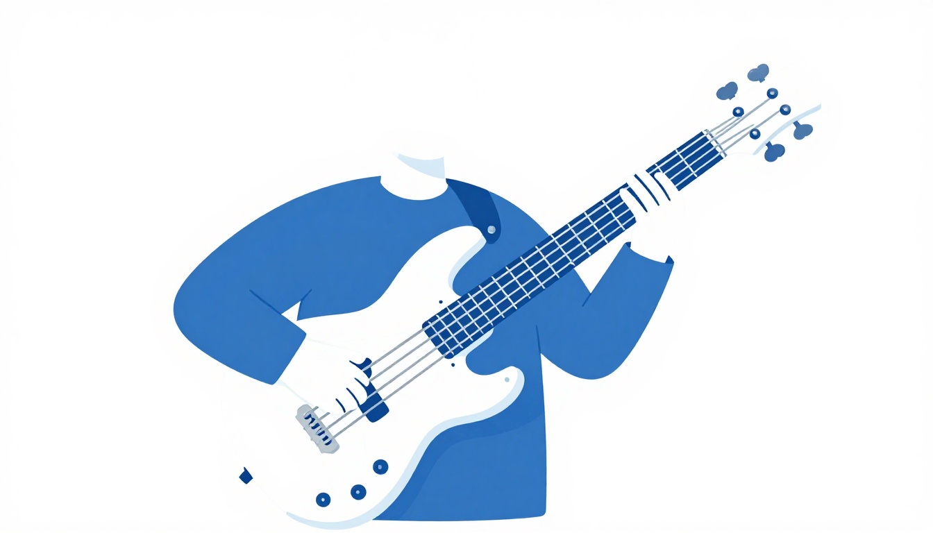 A right hand thumb slapping the low string of a four-string electric bass guitar while a finger hovers over another string ready to pop it