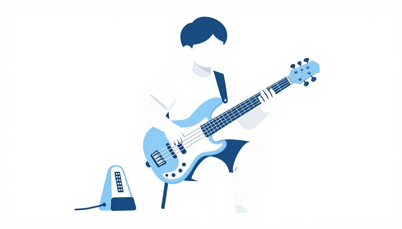 A musician sitting at home practicing a four-string electric bass guitar with a small metronome standing on a table beside them
