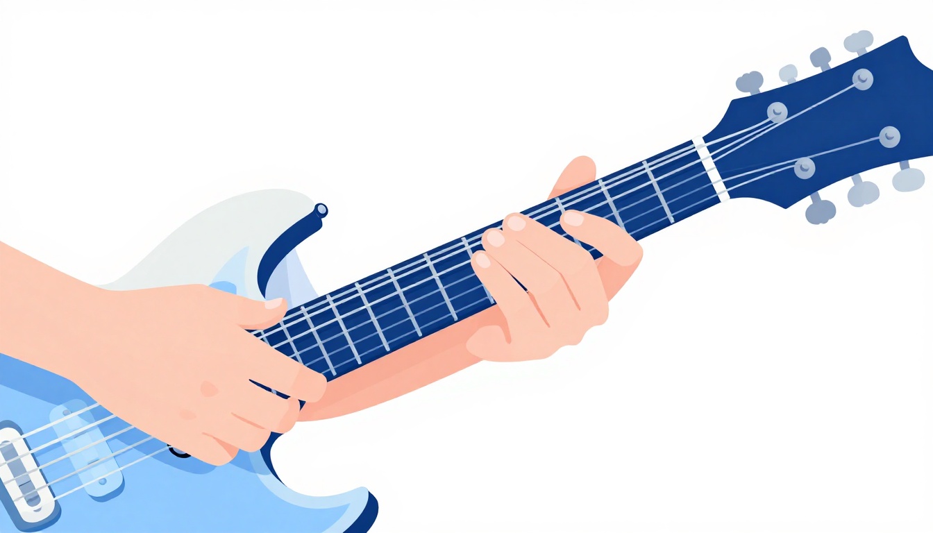 A hand strumming a two string power chord shape low on an electric guitar neck