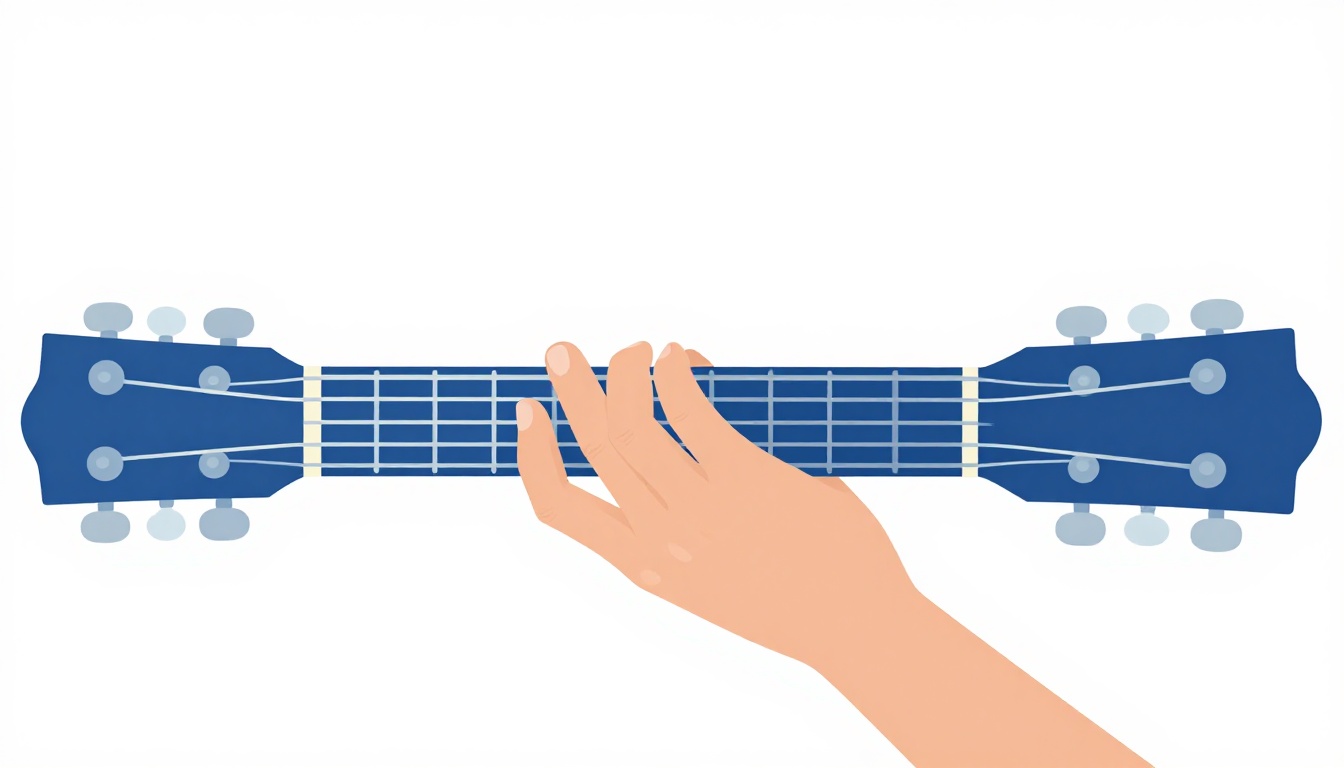 A close-up of a left hand fingering an open Dm7 chord on an acoustic guitar neck, two fingers pressed on the middle strings