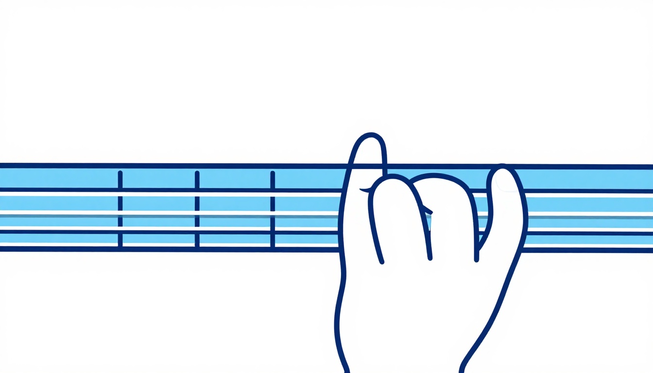 An extreme close up of a fingertip arched vertically pressing down on a guitar string right behind a fret wire, neighboring strings untouched