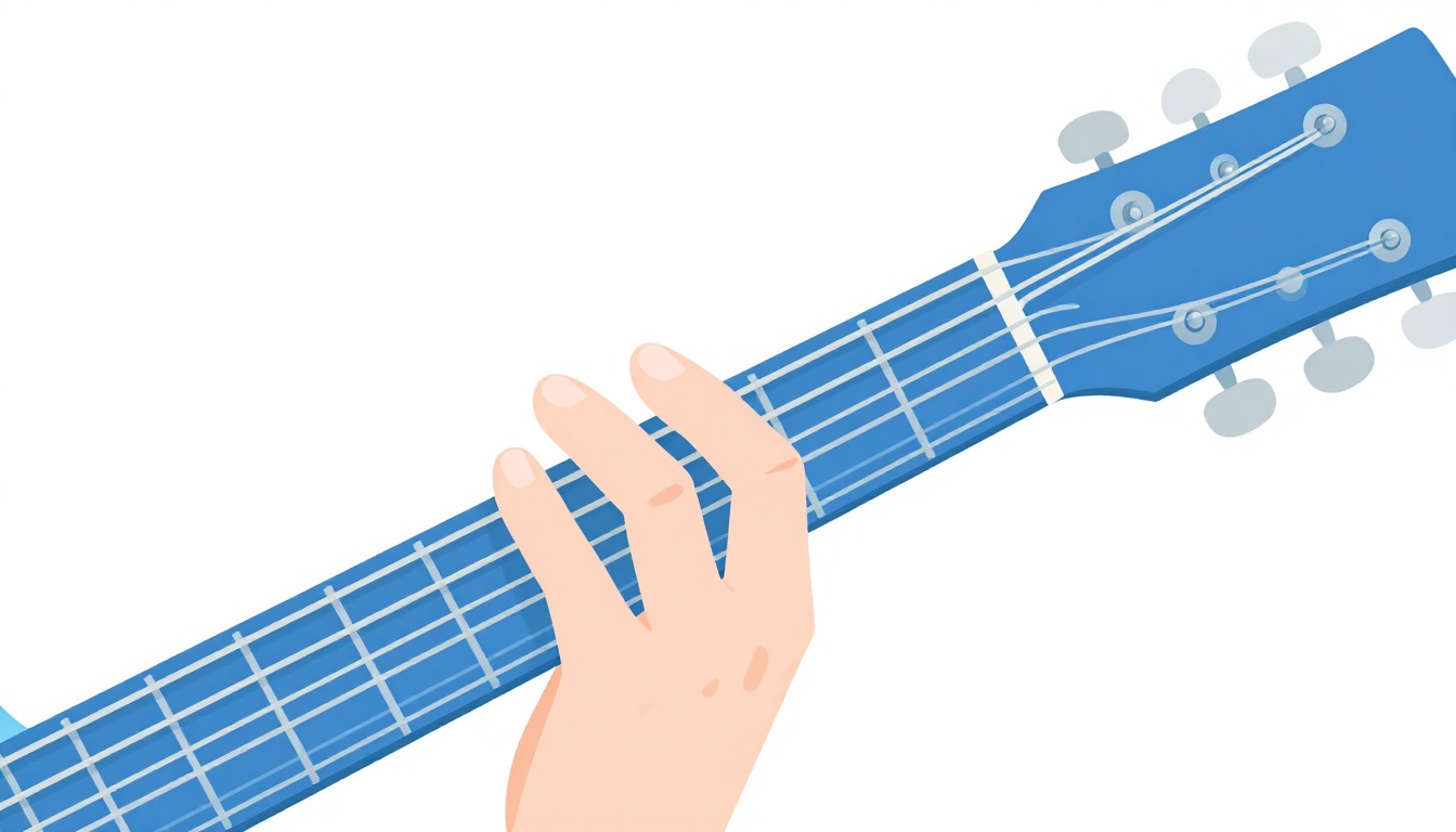 A close up of a left hand fingering a chord shape on an acoustic guitar neck using three fingers spread across four strings near the third and fourth frets