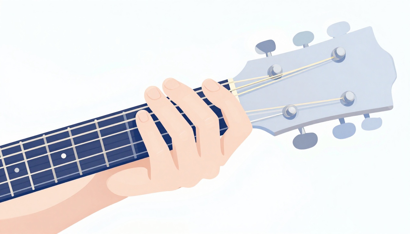 A close up of a left hand with all four fingers pressed down on different frets of an acoustic guitar neck, no open strings visible