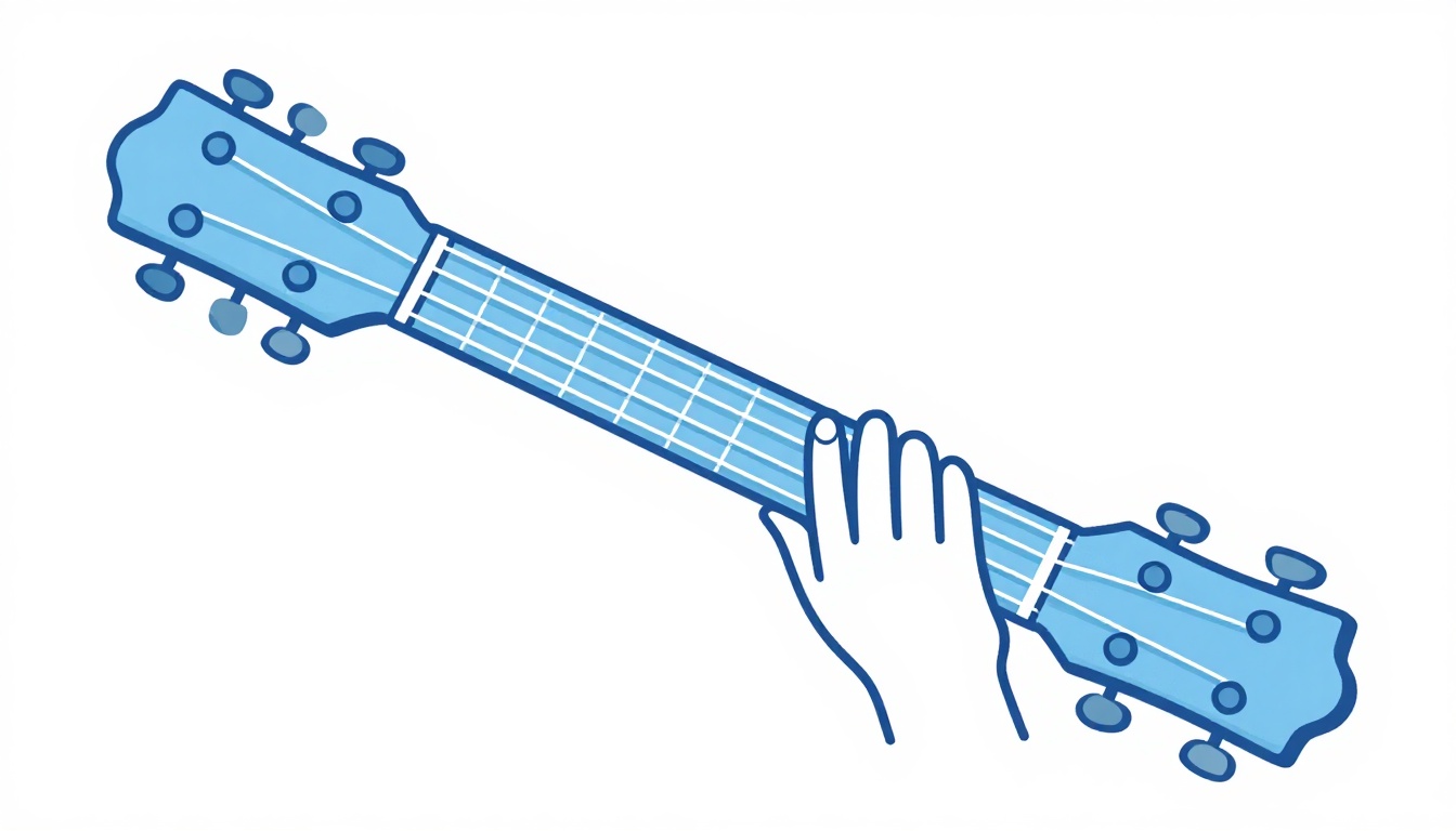 A close up of a left hand mid motion sliding between two chord shapes on an acoustic guitar neck