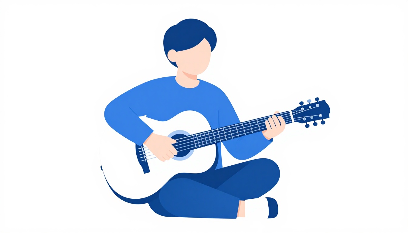 A person sitting and practicing chord changes on an acoustic guitar in a quiet room