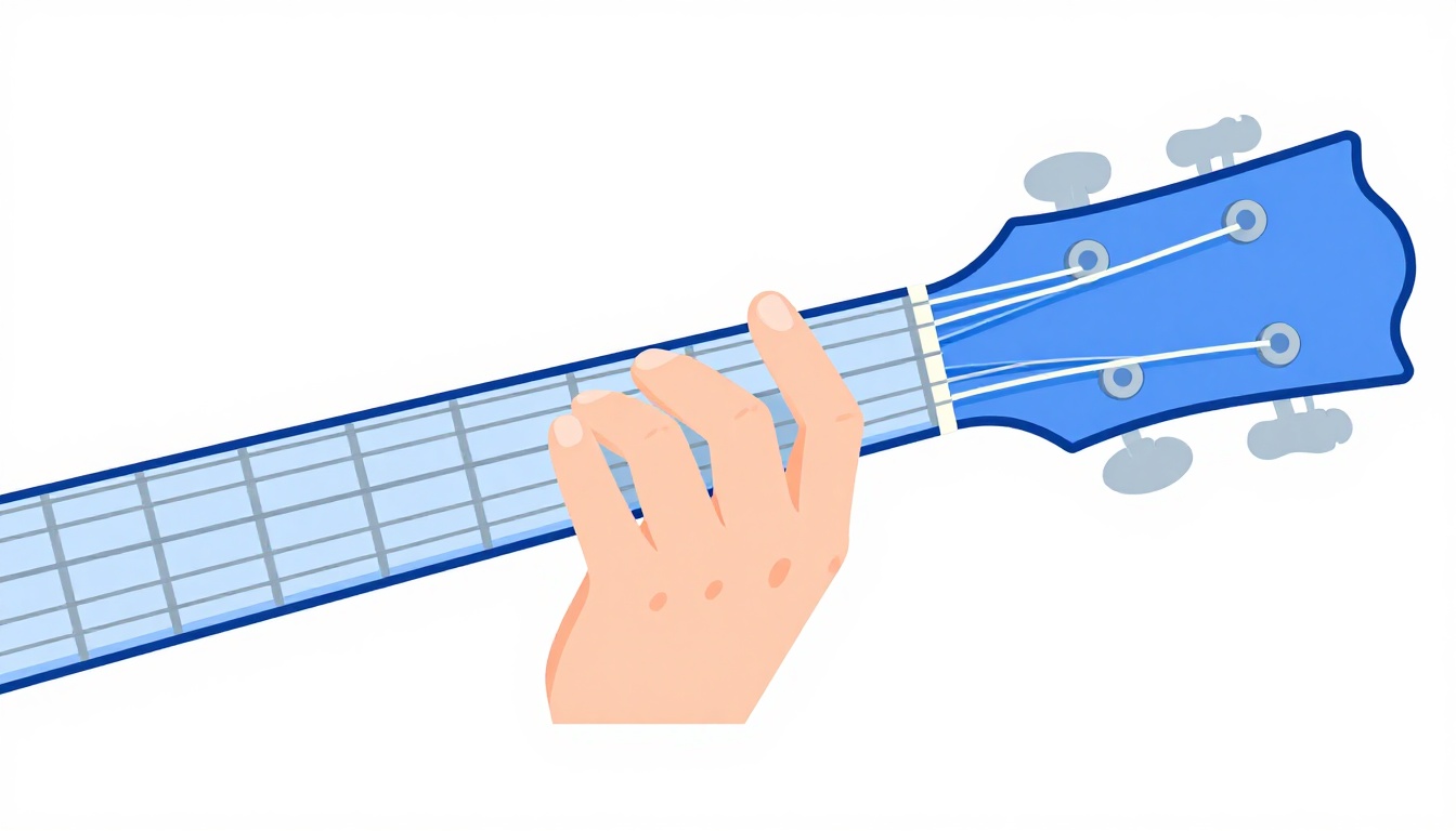A close up of a left hand fingering a D minor chord on an acoustic guitar neck, three fingers spread across the top three strings