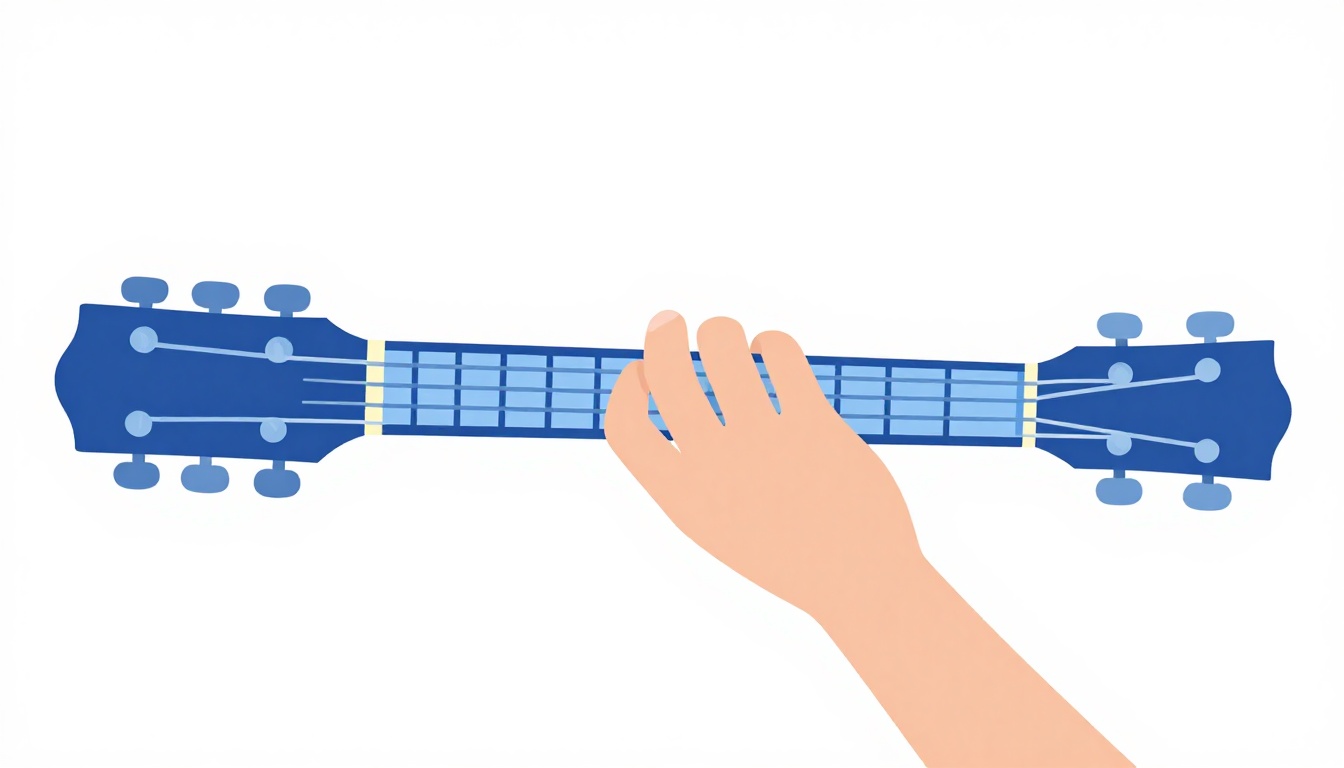 A close up of a left hand forming a barre chord across the first fret of an acoustic guitar neck