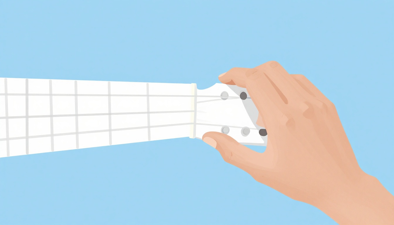 A close up of a left hand fingering an A minor chord on an acoustic guitar neck