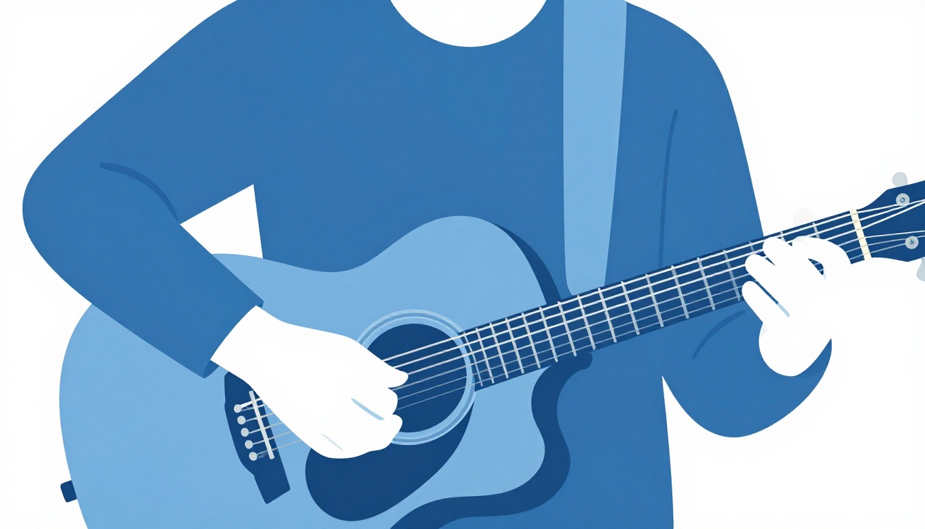 A close up of a hand strumming an acoustic guitar with a chord chart resting on a music stand in the background