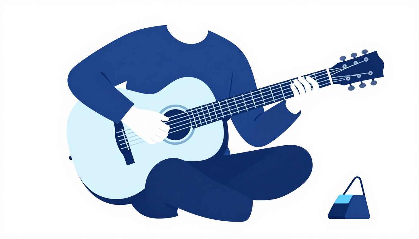A person practicing chord changes on an acoustic guitar while seated, a metronome visible on a nearby table