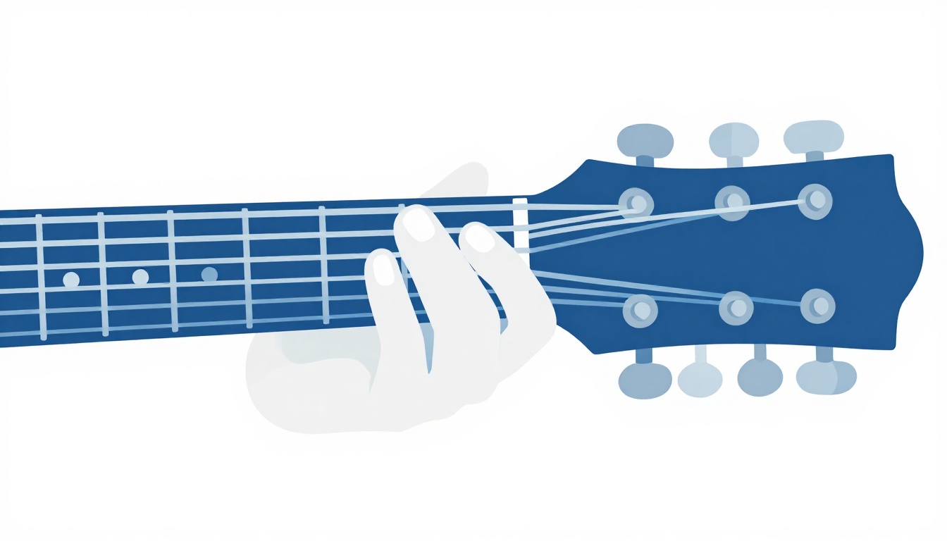 A close-up of a left hand fretting a minor scale pattern low on an acoustic guitar neck near the third fret