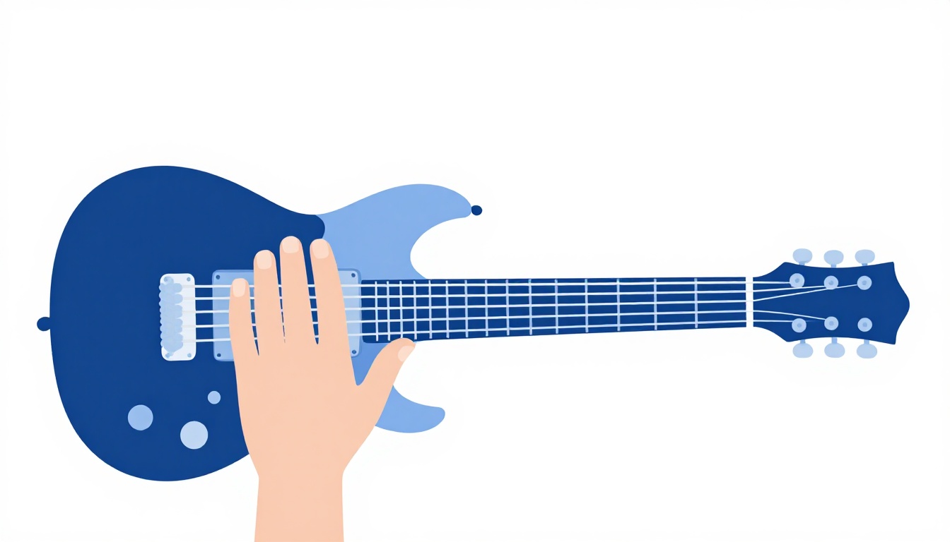 A close-up of a left hand pinky finger stretching to fret a note on an electric guitar neck