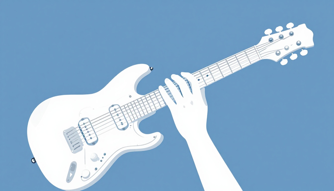 A close-up of a left hand shaping a scale pattern high on an electric guitar neck near the eighth fret