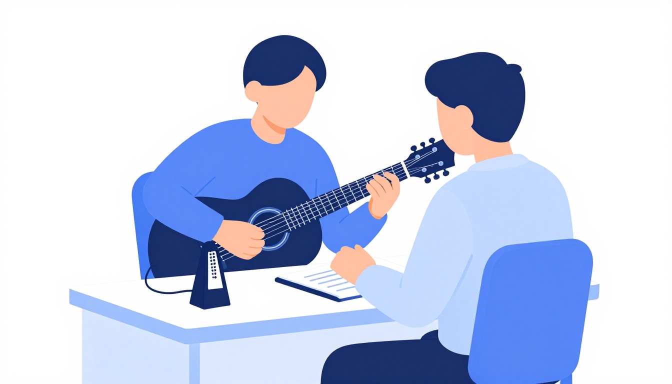 A person practicing guitar alone at a small desk with a metronome and notebook nearby