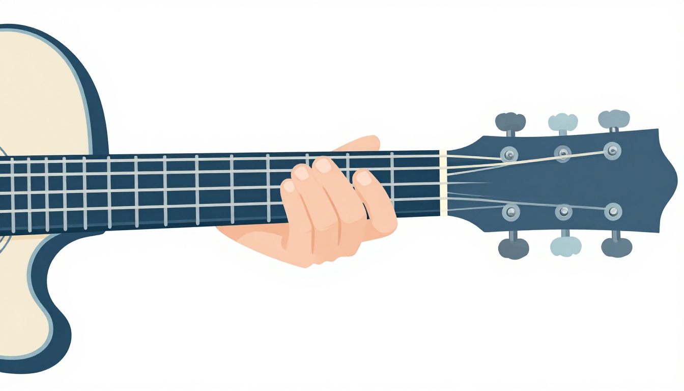 A close up of a left hand forming a full barre chord across the ninth fret of an acoustic guitar neck