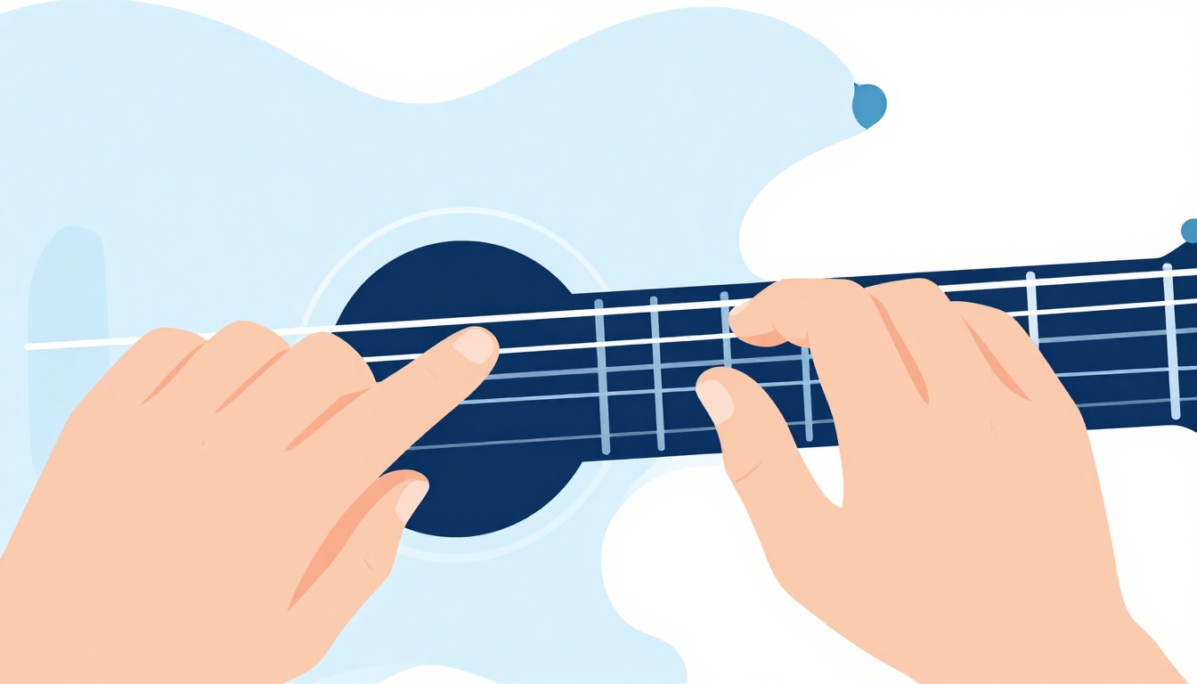 A close up of a capo clamped across the fourth fret of an acoustic guitar neck with a left hand fingering two notes just behind it