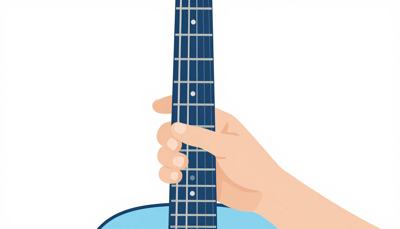 A close up of a left hand fingering a compact chord shape on the top four strings of an acoustic guitar neck