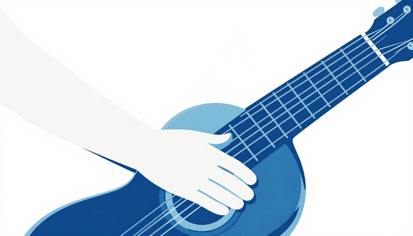 A close up of a left hand's thumb positioned behind the neck of an acoustic guitar, showing the wrist and thumb angle used for a barre chord