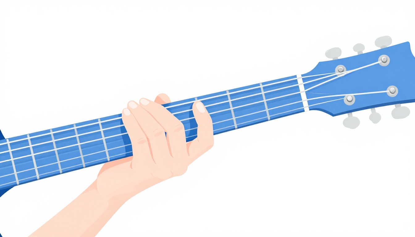 A close-up of a left hand barring the fourth fret of an acoustic guitar neck with two other fingers pressed further down the fretboard