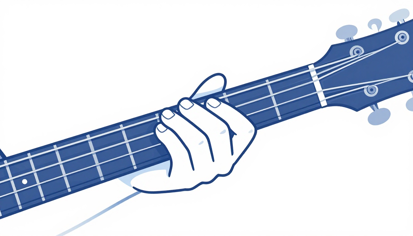 A close-up of a left hand fretting only the top four strings of an acoustic guitar neck, avoiding the two thickest strings