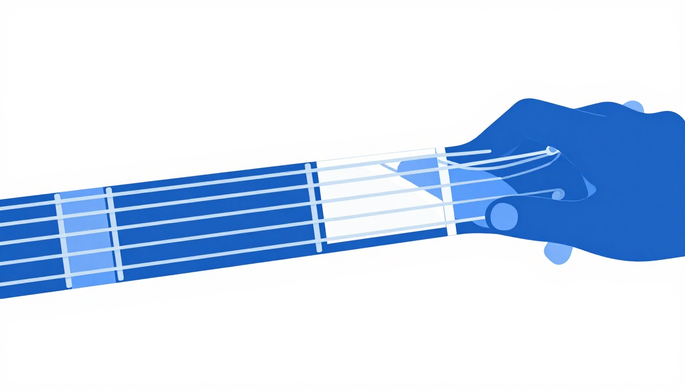 A close-up of a left hand index finger barring guitar strings with a visible gap under one string