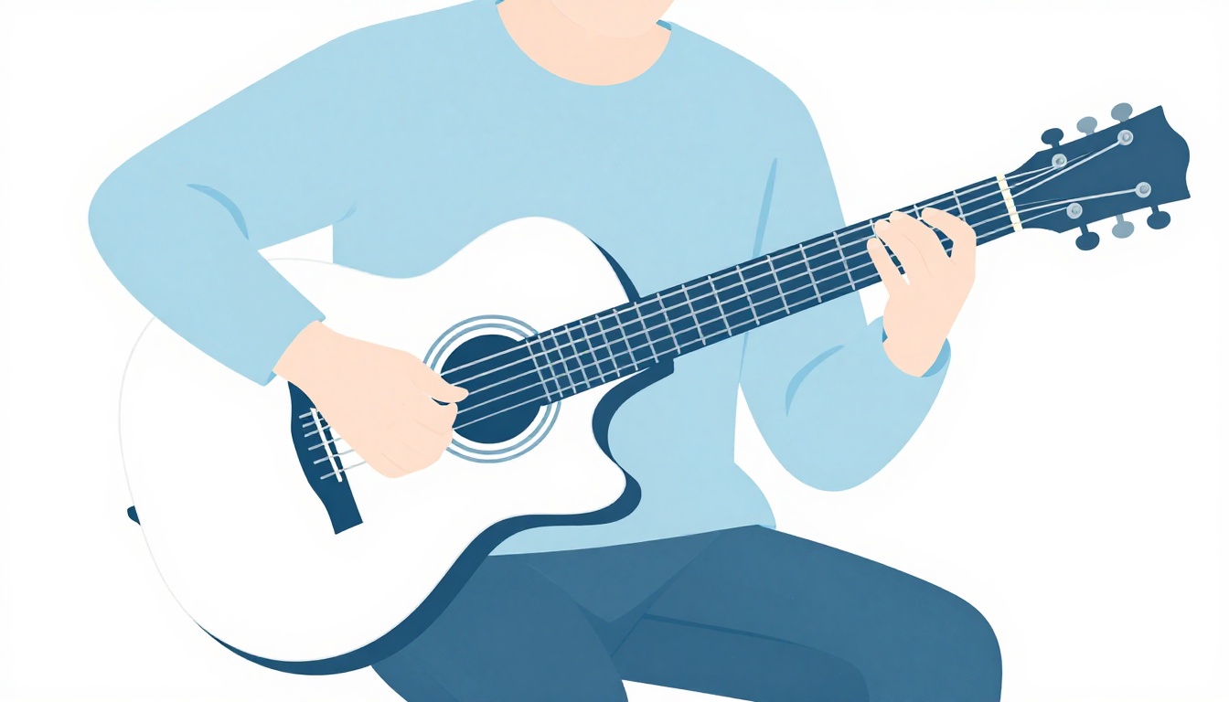 A person sitting alone practicing a barre chord on an acoustic guitar in a quiet room, focused on their fretting hand