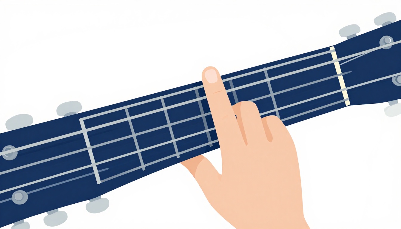 A close up of a left hand forming a barre chord shape on an acoustic guitar neck, index finger flat across five strings near the middle of the fretboard