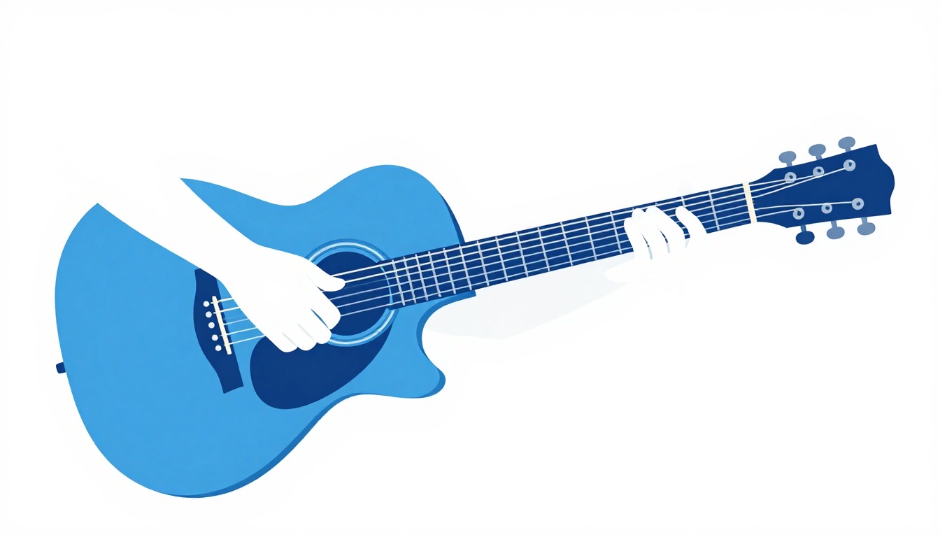 A side view of a hand gripping an acoustic guitar neck, thumb positioned behind the fretboard for leverage while barring