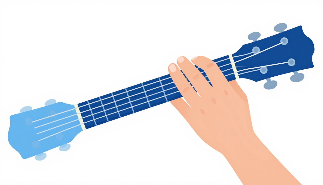 A close up of a left hand barring strings higher up an acoustic guitar neck, near the middle of the fretboard