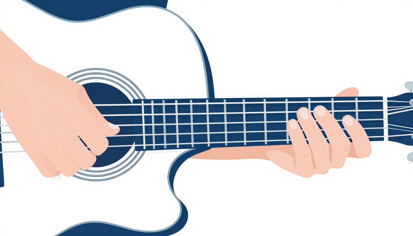 A close up of a left hand fingering only the three thinnest strings of an acoustic guitar neck, fingers stepped across ascending frets