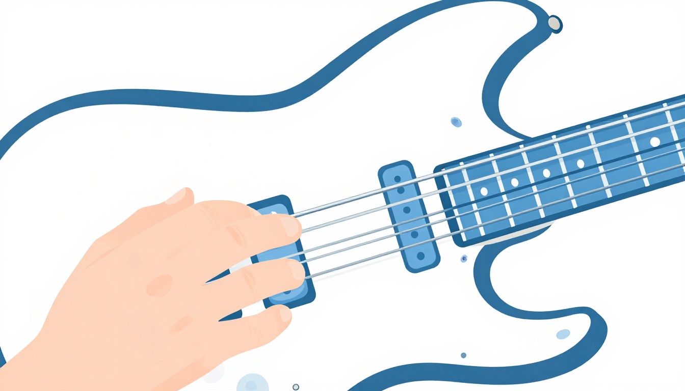 A close up of a left hand pressing two adjacent guitar strings on the lower frets of an electric guitar neck