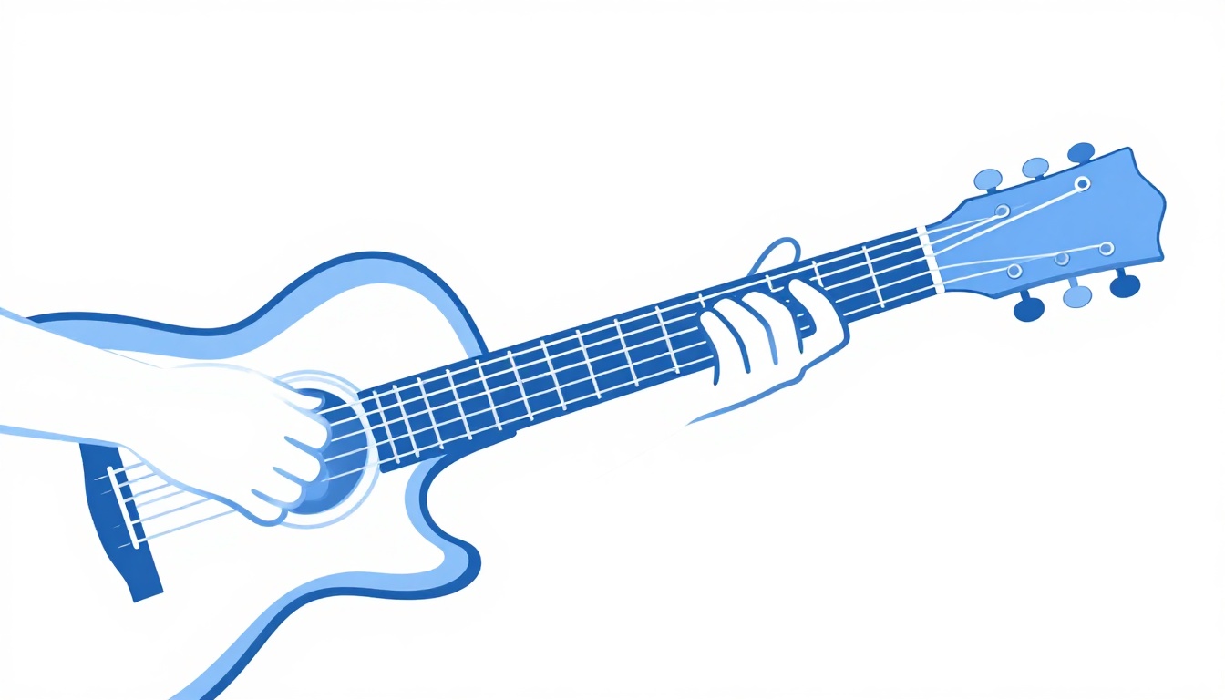 A hand transitioning between two different chord shapes on an acoustic guitar neck, motion blur on the fingers