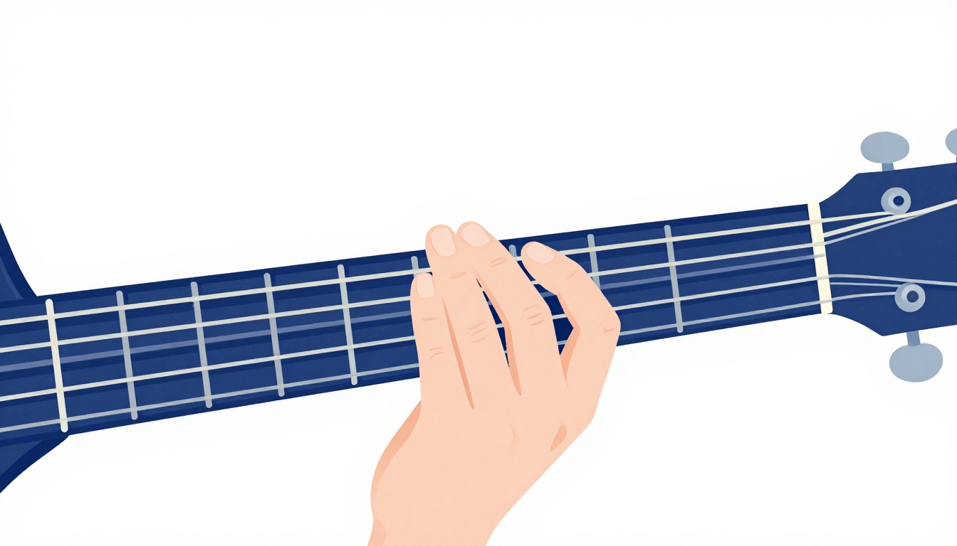 A left hand barring the fourth fret of an acoustic guitar neck with three fingers pressed on higher frets