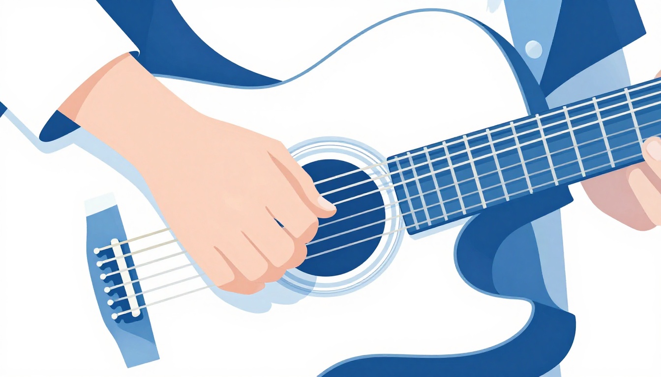 A close up of a right hand fingerpicking individual strings near the soundhole of an acoustic guitar