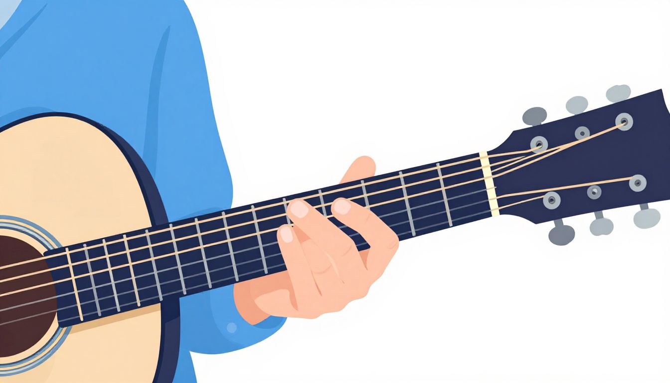 A close up of a left hand playing a simplified C9 chord shape, the ring finger covering only two strings and the high string left open