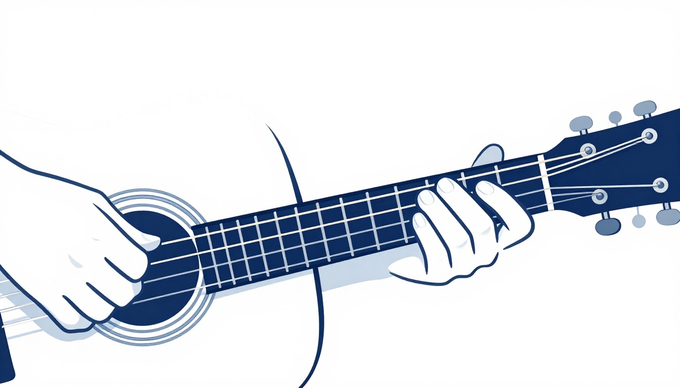 A close up of a capo clamped across an acoustic guitar neck, a left hand fingering a chord shape just behind it