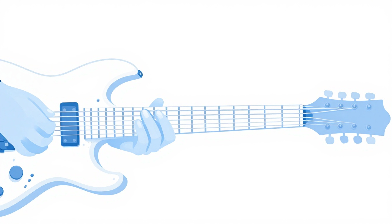 A close-up of a left hand fingering a scale pattern on the lower frets of an electric guitar neck