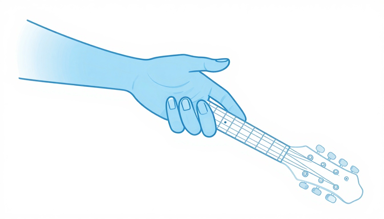 A close-up of a left hand fingering a scale pattern further up an electric guitar neck