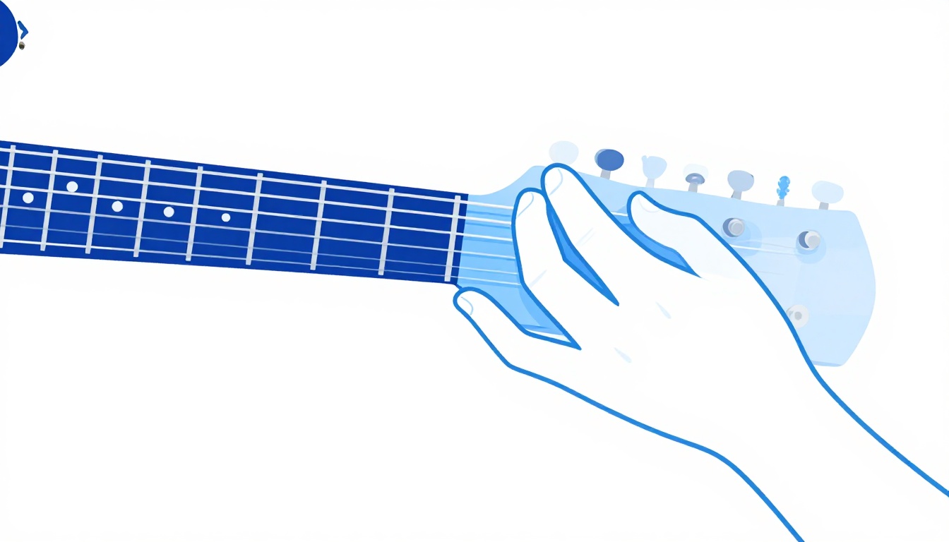 A close-up of a right hand resting on the bridge of an electric guitar to mute the strings while picking