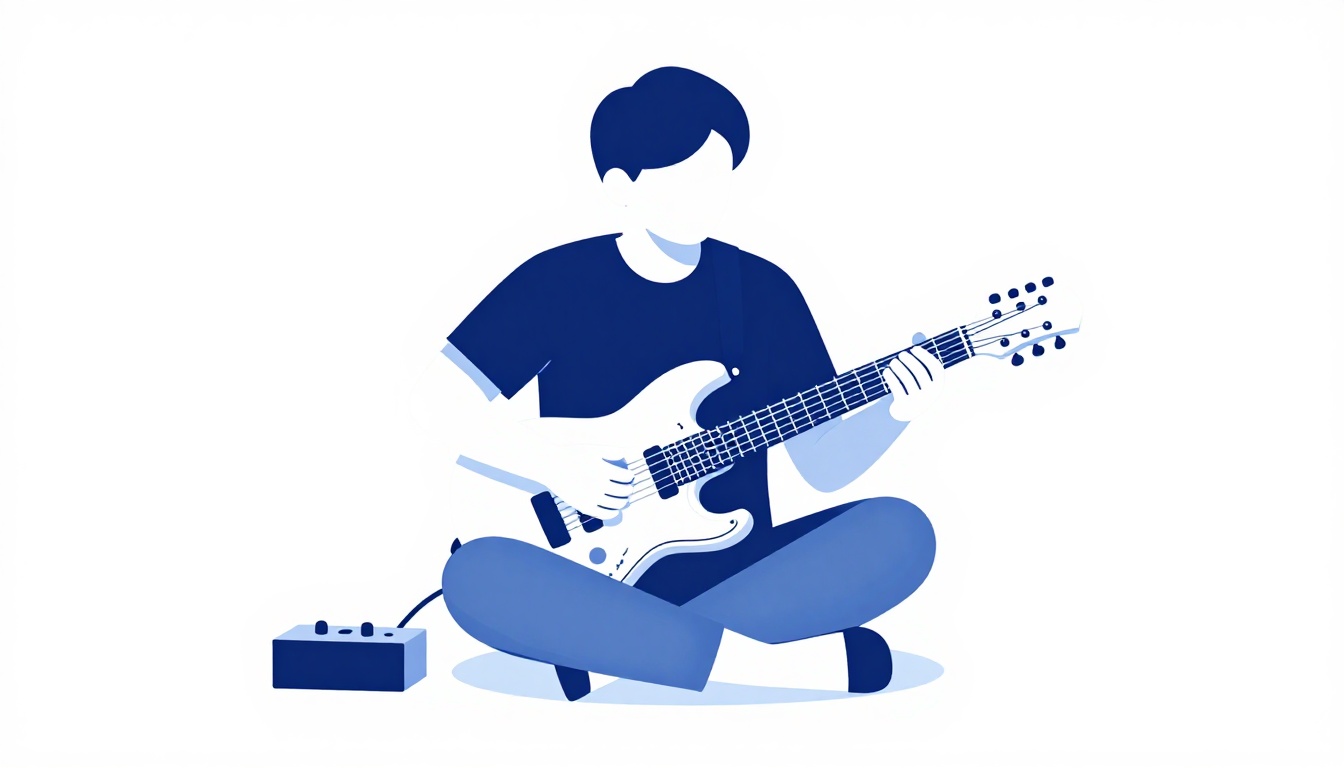 A guitarist sitting cross-legged practicing an electric guitar with a small metronome on the floor beside them