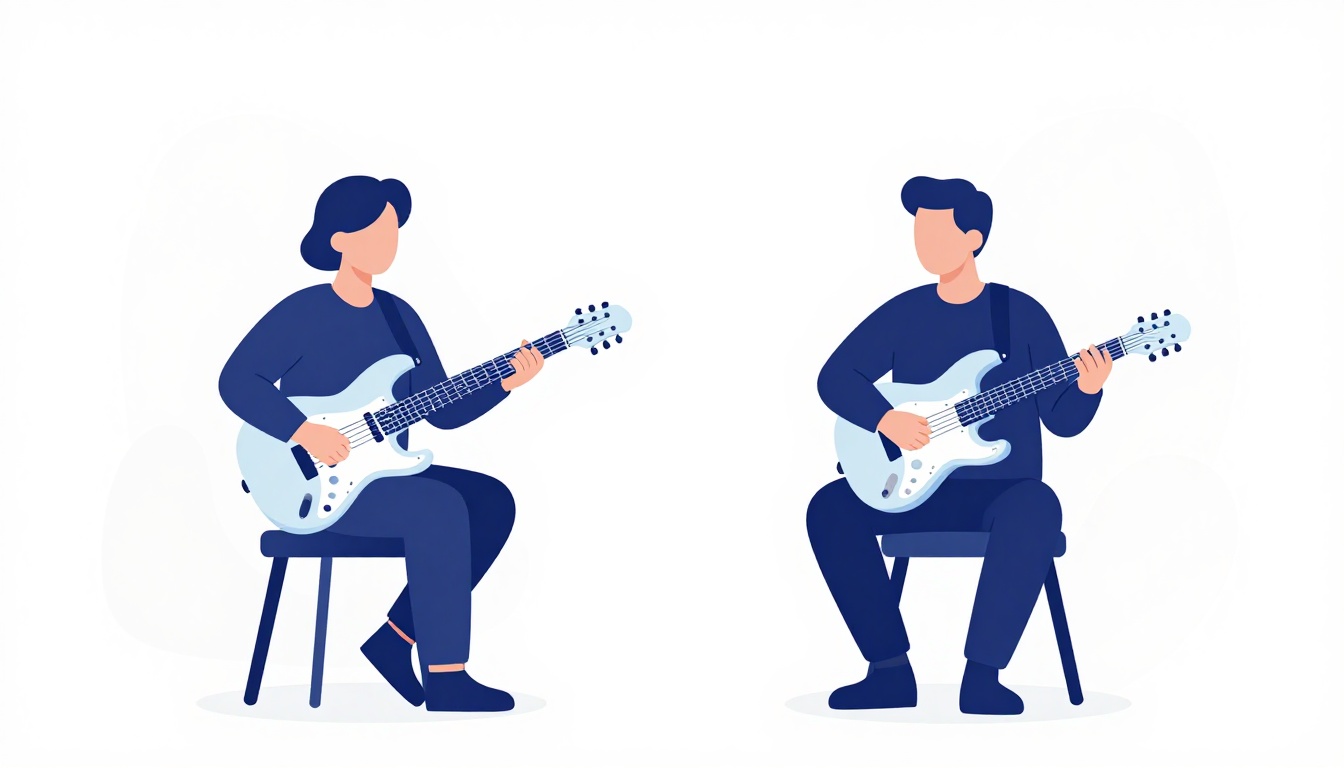 Two musicians sitting across from each other in a recording studio, each holding an electric guitar